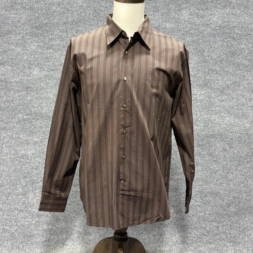 Perry Ellis Shirt Mens Large Brown Stripe Long Sleeve Button Front Cotton Preppy